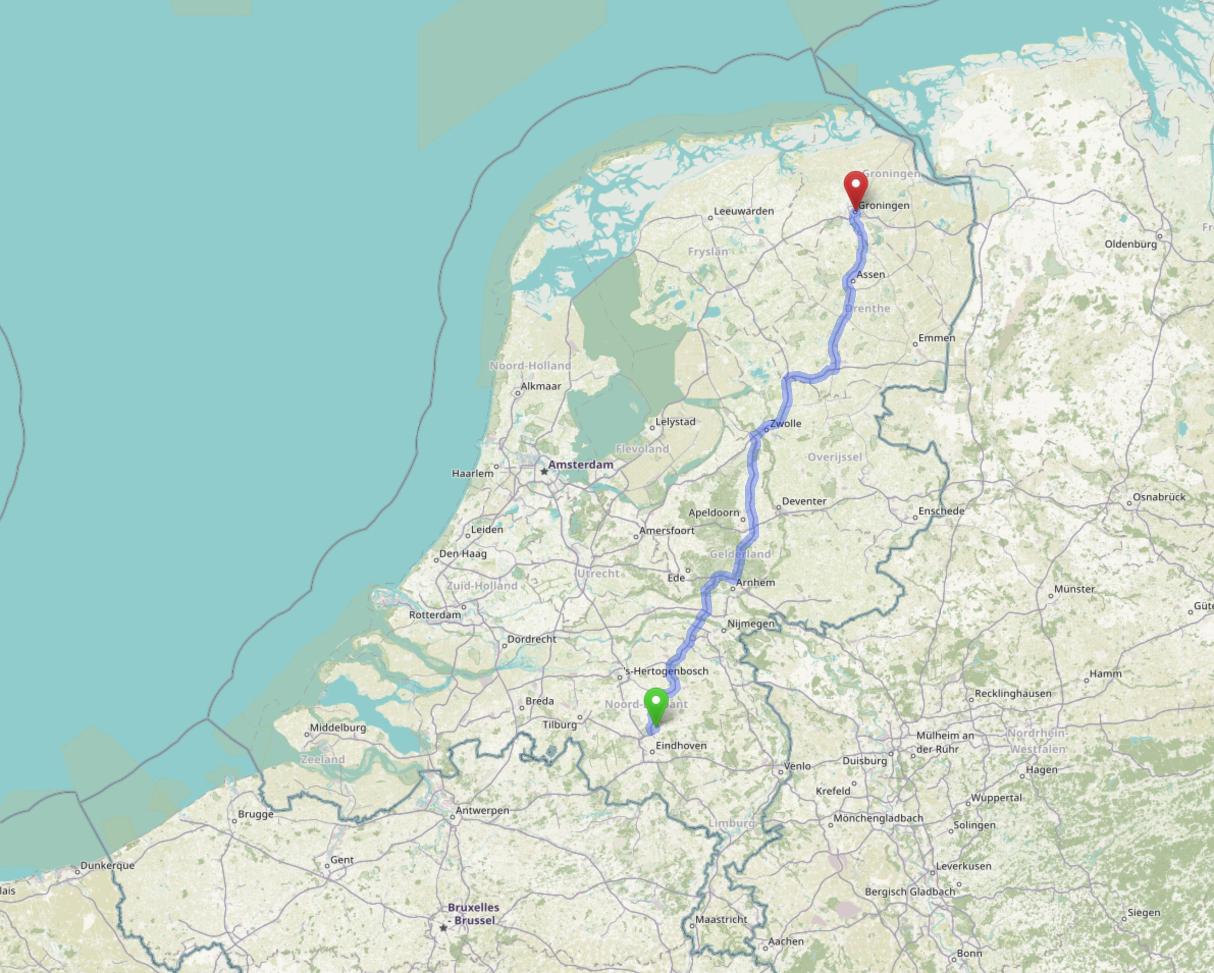 Route Son en Breugel to Groningen, 3 hours and 10 minutes without traffic